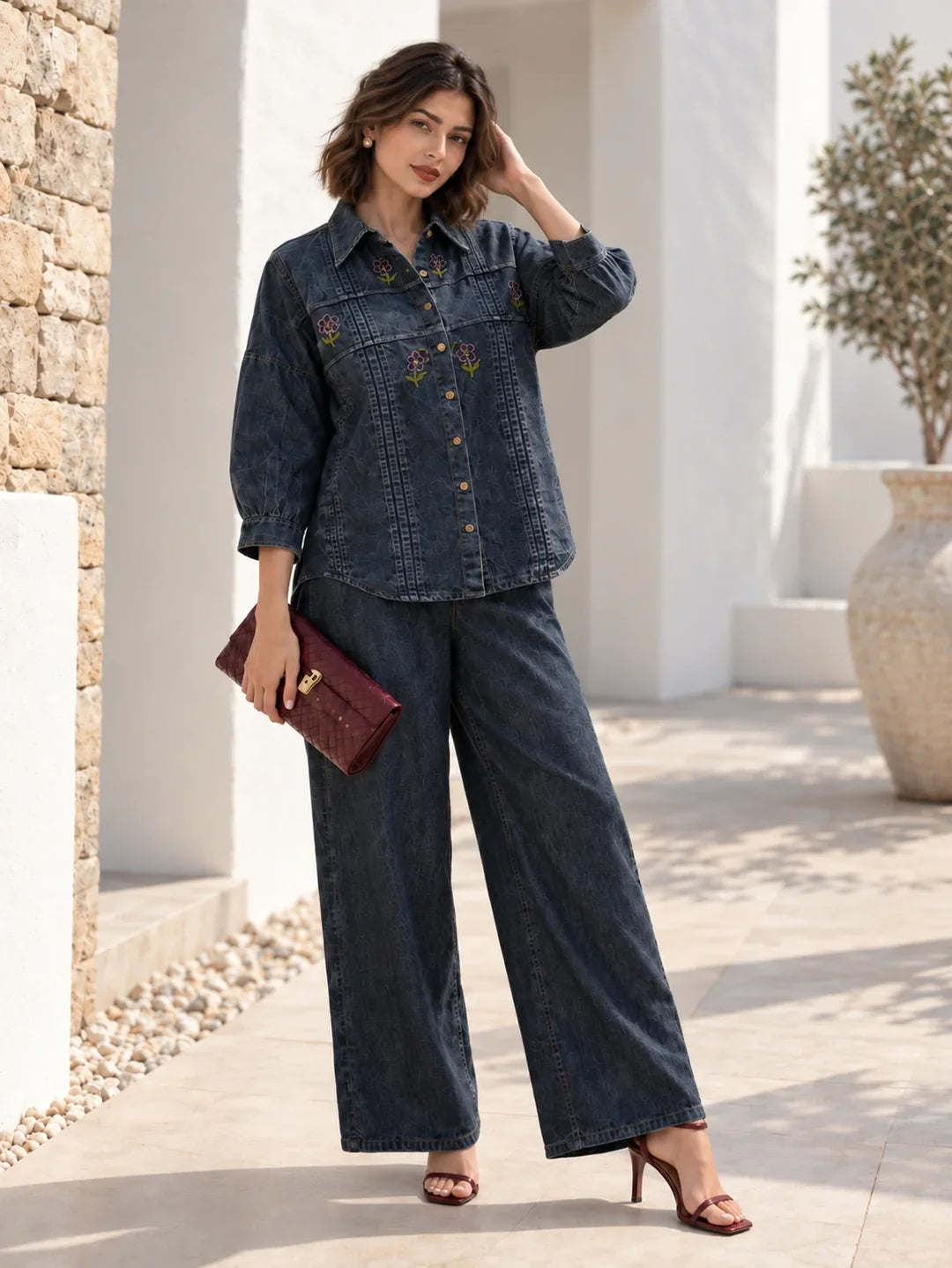 Washed Grey Denim Pintuck Floral Embroidered Set