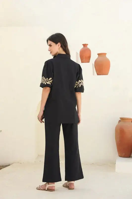 Black Nature Embroidered Cotton Shirt & Trouser Co-ord Set