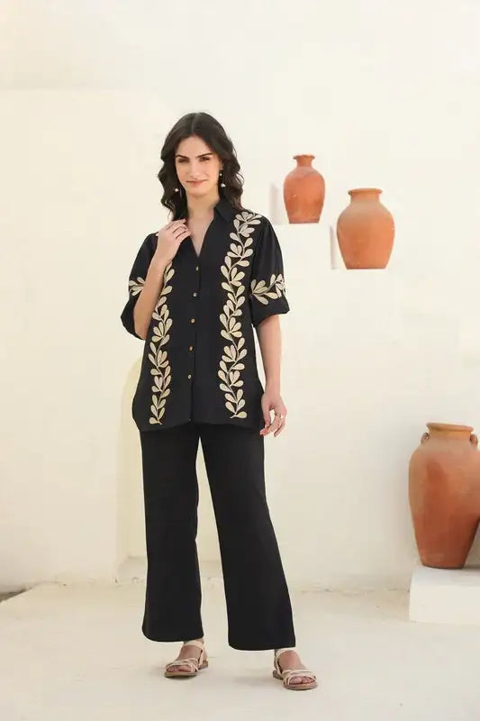 Black Nature Embroidered Cotton Shirt & Trouser Co-ord Set