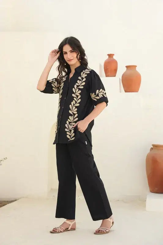 Black Nature Embroidered Cotton Shirt & Trouser Co-ord Set