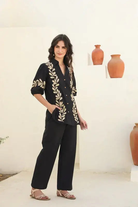 Black Nature Embroidered Cotton Shirt & Trouser Co-ord Set