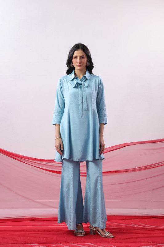 Blue Tie-Up Russian Silk Co-ord Set