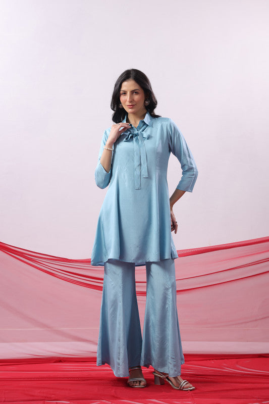 Blue Tie-Up Russian Silk Co-ord Set