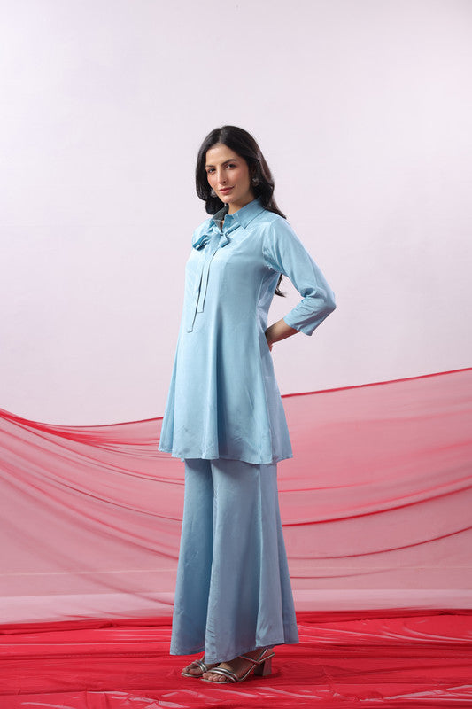 Blue Tie-Up Russian Silk Co-ord Set