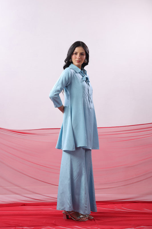 Blue Tie-Up Russian Silk Co-ord Set