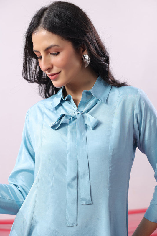 Blue Tie-Up Russian Silk Co-ord Set