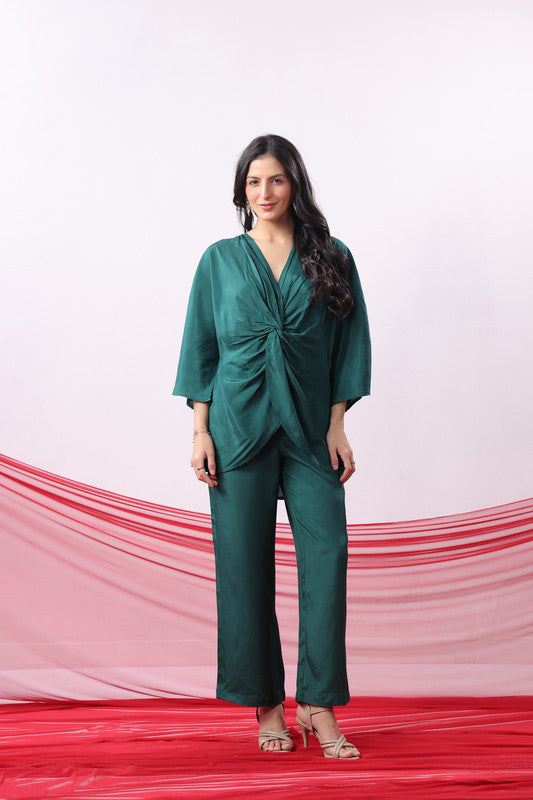 Emerald Green Twist-Front Russian Silk Co-ord Set