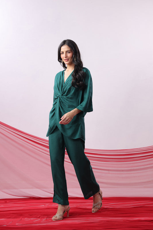 Emerald Green Twist-Front Russian Silk Co-ord Set