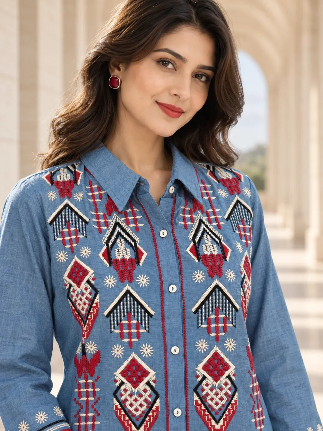 Light Blue Geometric Embroidered Denim Shirt & Pant Set