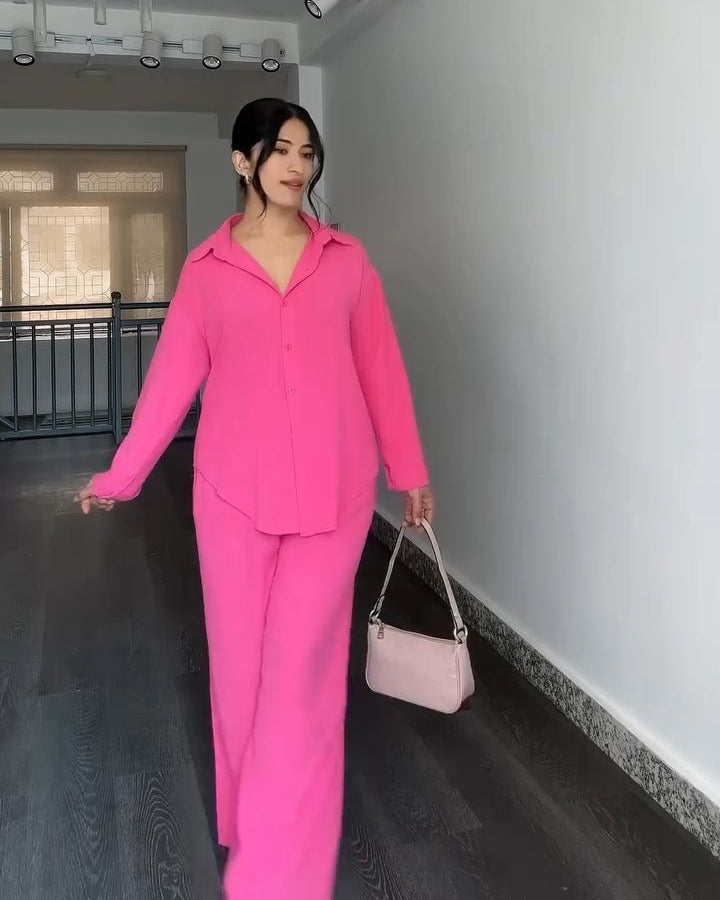 Pink button-down shirt and pants co-ord set