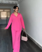 Pink button-down shirt and pants co-ord set