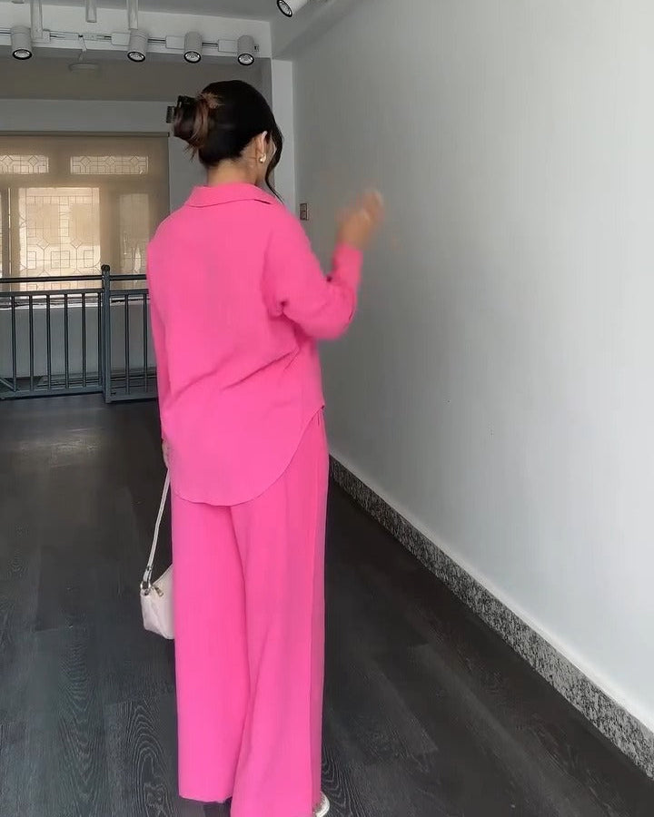 Pink button-down shirt and pants co-ord set