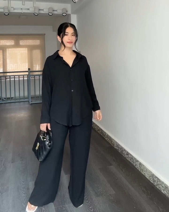 Black button-down shirt and pants co-ord set
