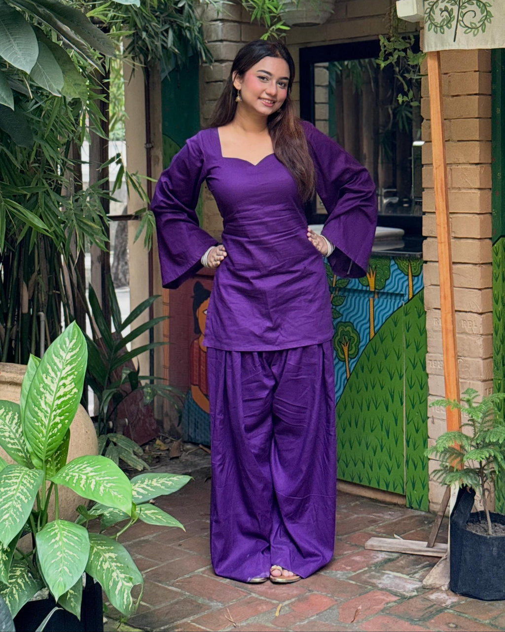 Rayon corset-back kurti and farshi salwar set