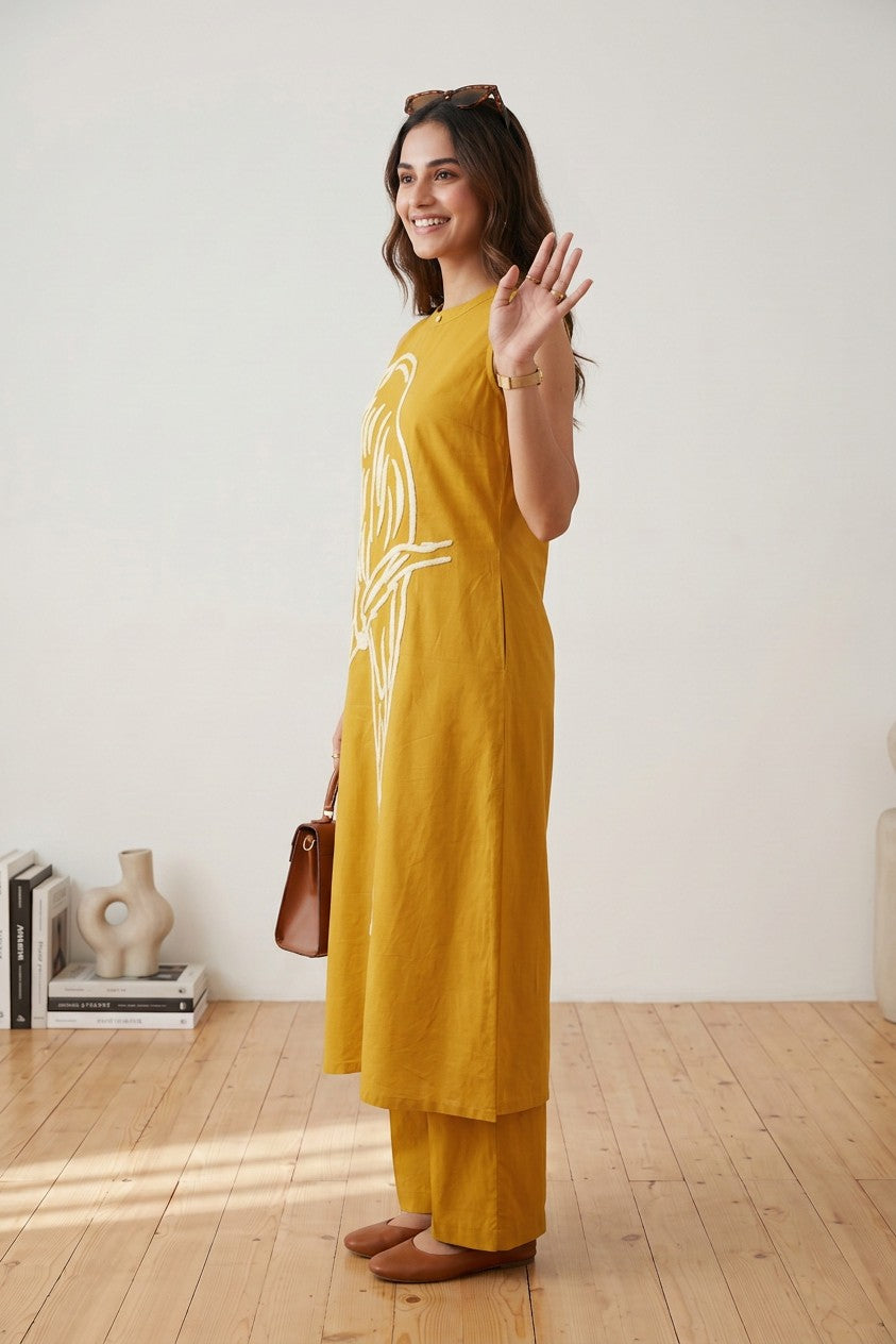 Mustard bird embroidered sleeveless co-ord set