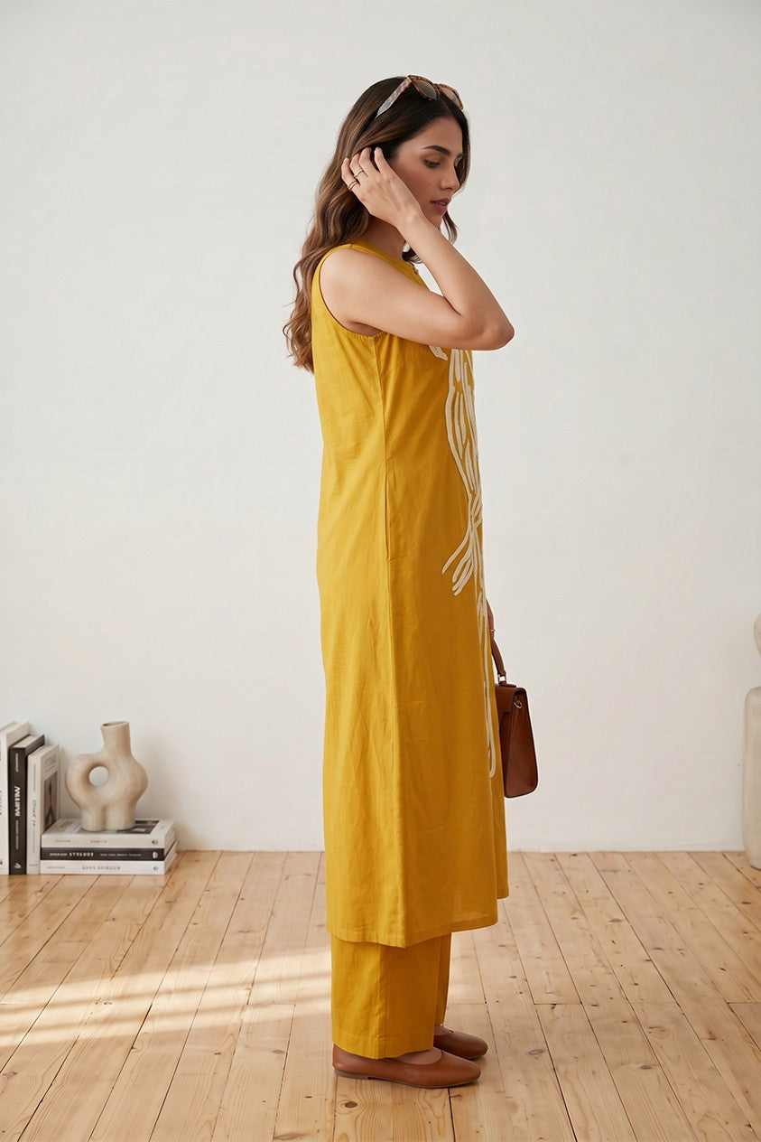 Mustard bird embroidered sleeveless co-ord set