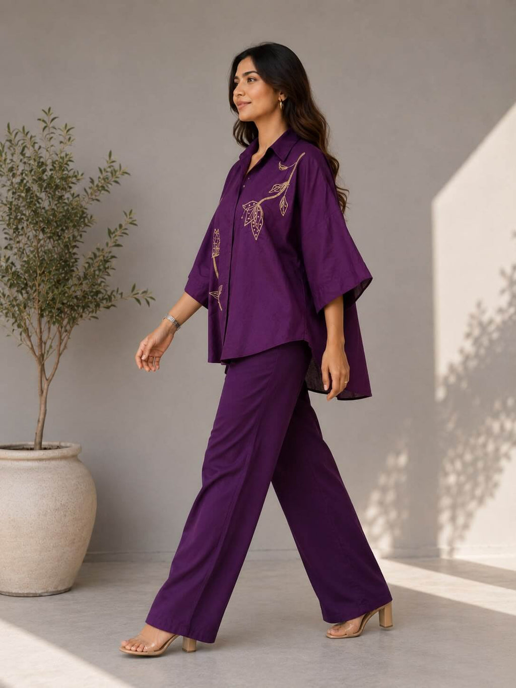 Purple embroidered cotton shirt set