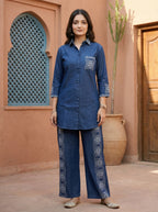 Denim Blue Embroidered Collar Shirt & Pant Set