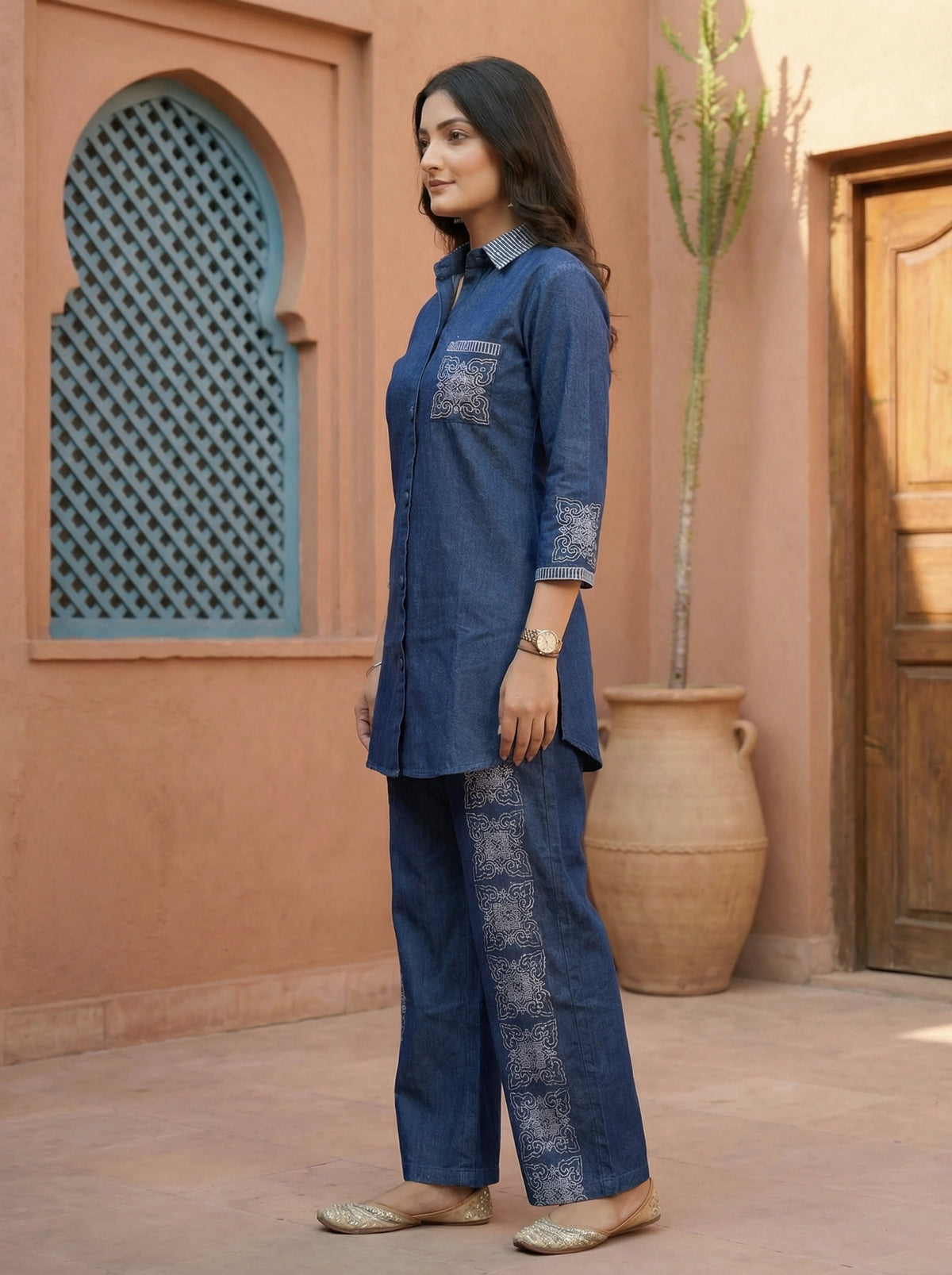 Denim Blue Embroidered Collar Shirt & Pant Set