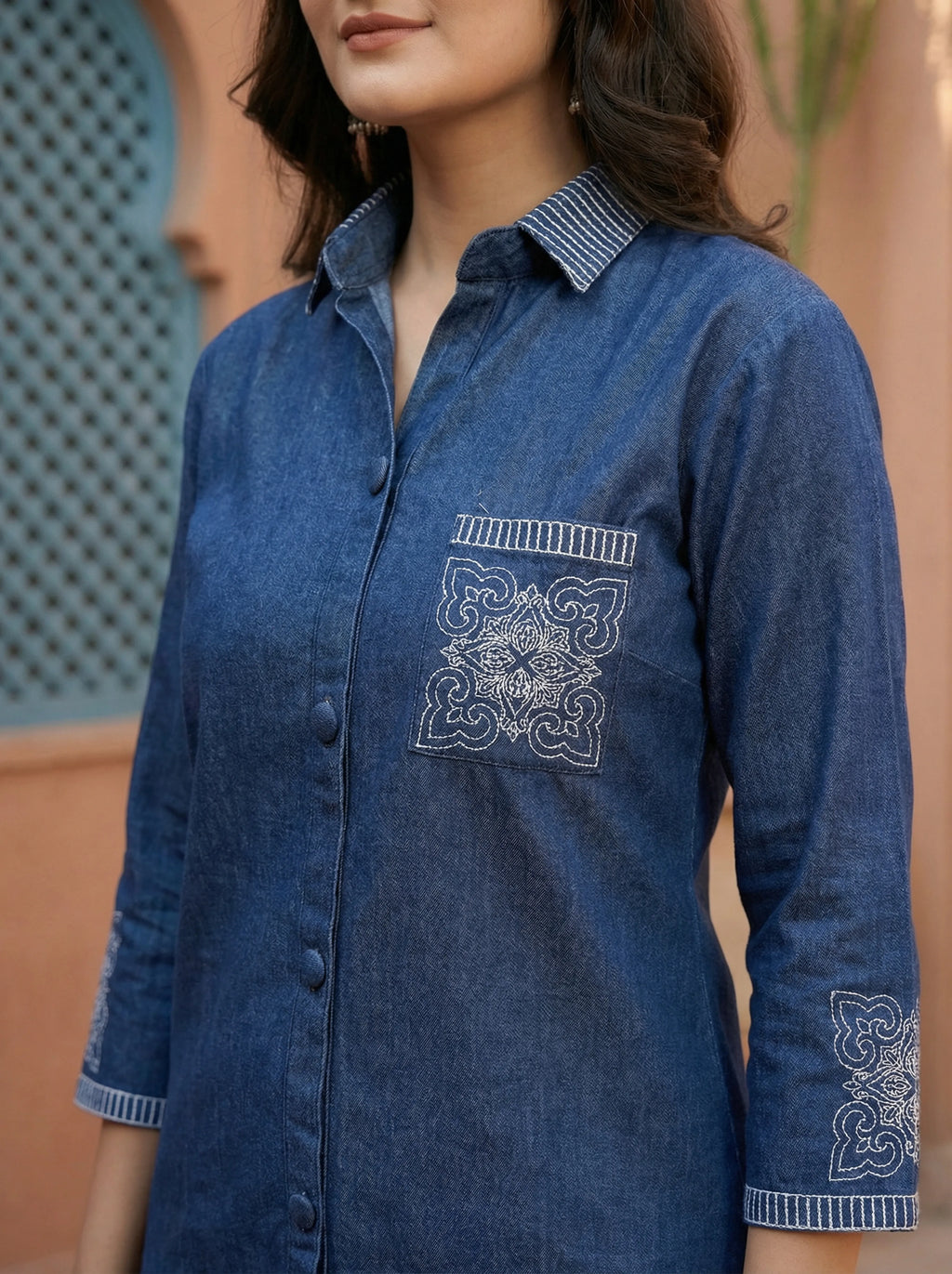 Denim Blue Embroidered Collar Shirt & Pant Set