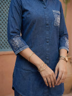 Denim Blue Embroidered Collar Shirt & Pant Set