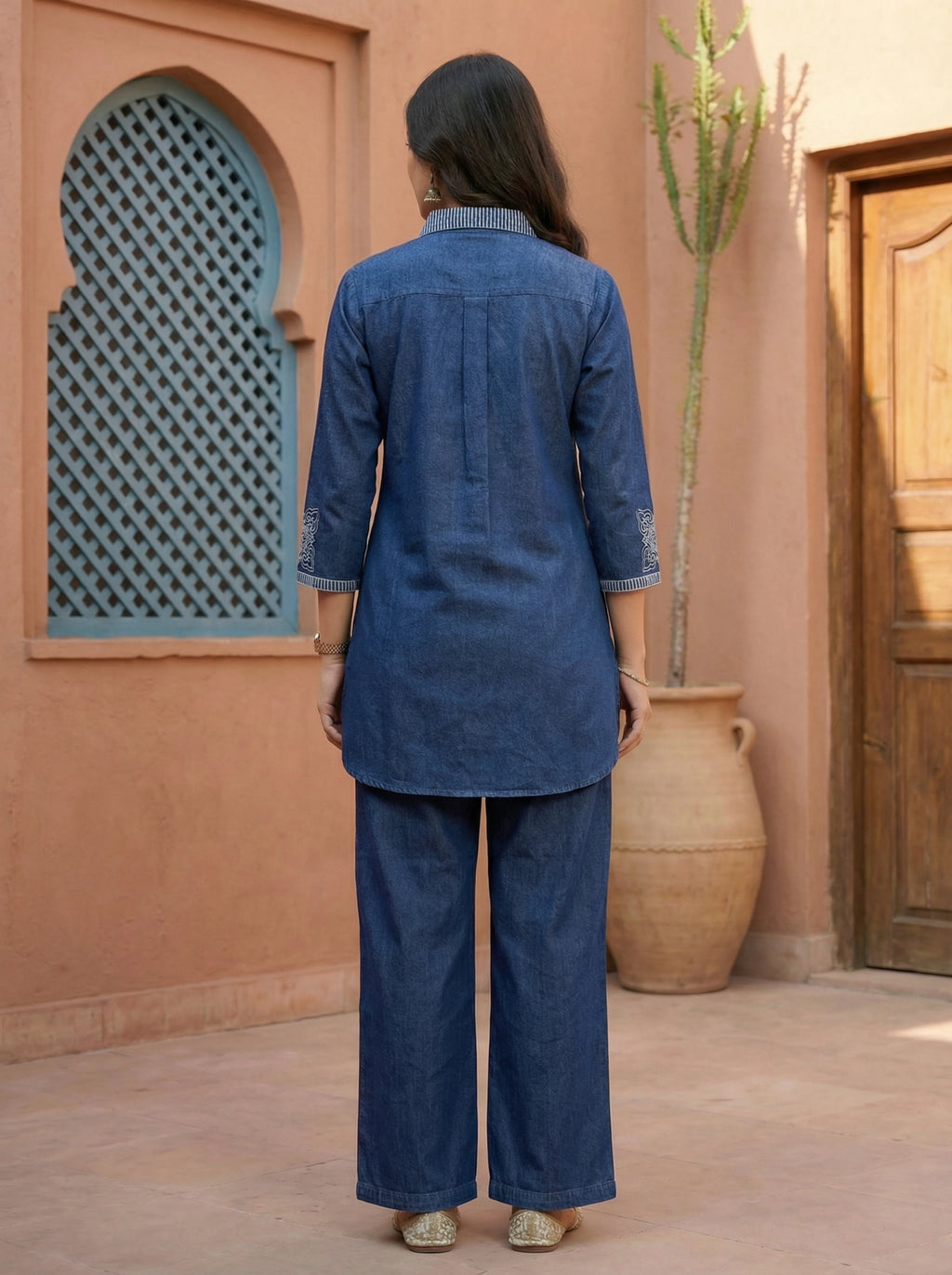 Denim Blue Embroidered Collar Shirt & Pant Set