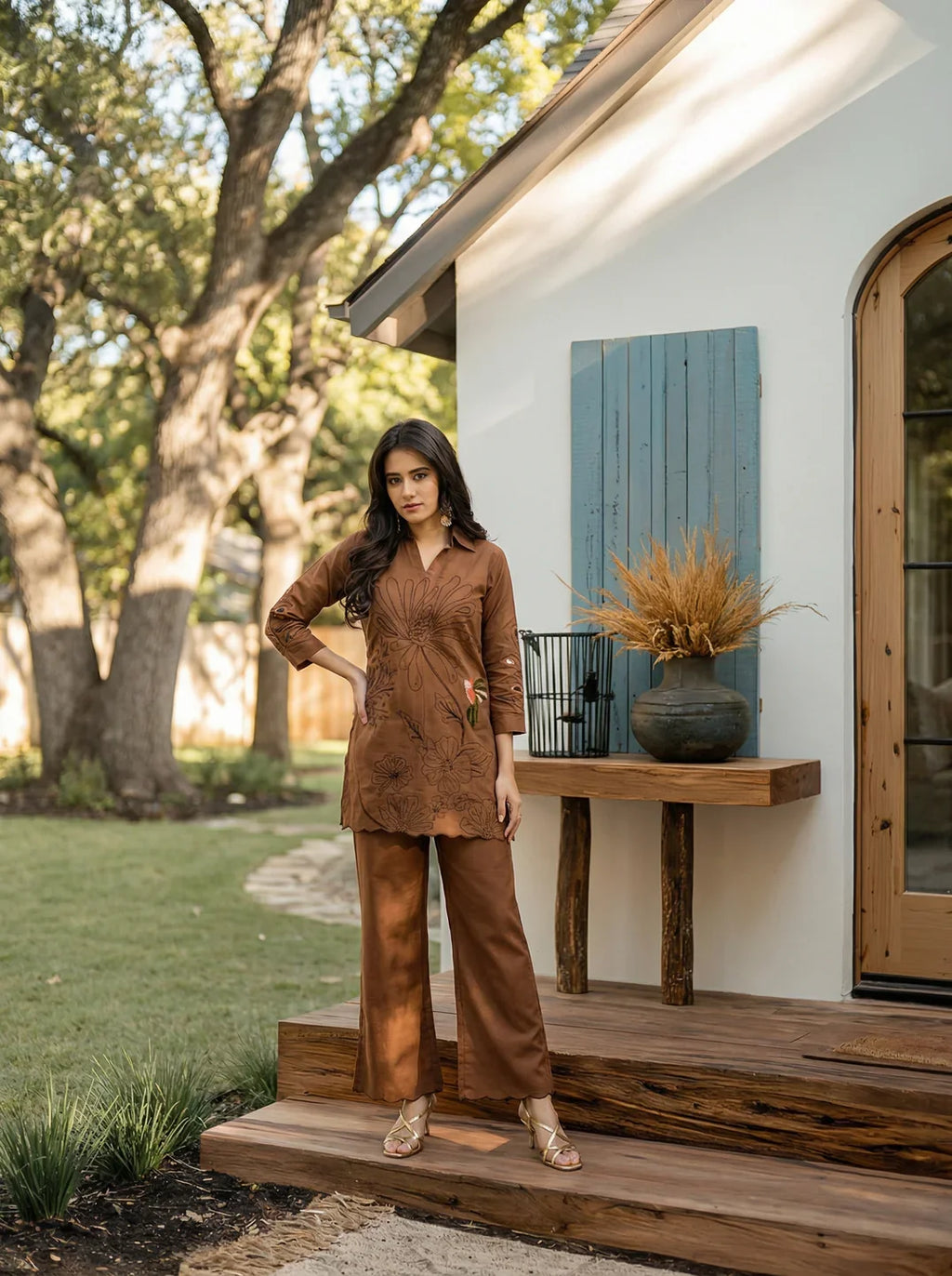 Brown Floral Threadwork Muslin Tunic & Trouser Set