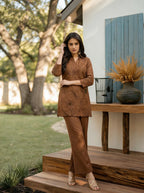 Brown Floral Threadwork Muslin Tunic & Trouser Set