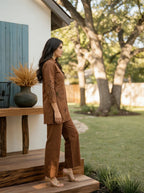 Brown Floral Threadwork Muslin Tunic & Trouser Set