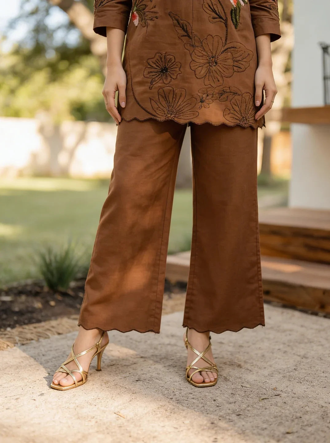 Brown Floral Threadwork Muslin Tunic & Trouser Set