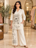 Ivory Peony Embroidered Cotton Co-ord Set - front