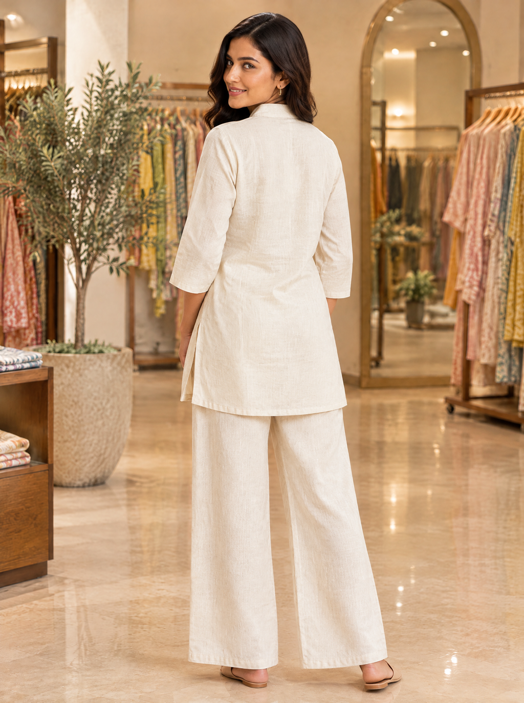 Oatmeal Chrysanthemum Embroidered Cotton Flex Co-ord Set - back