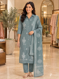 Sage Grey Embroidered Cotton Kurta Set with Dupatta - front