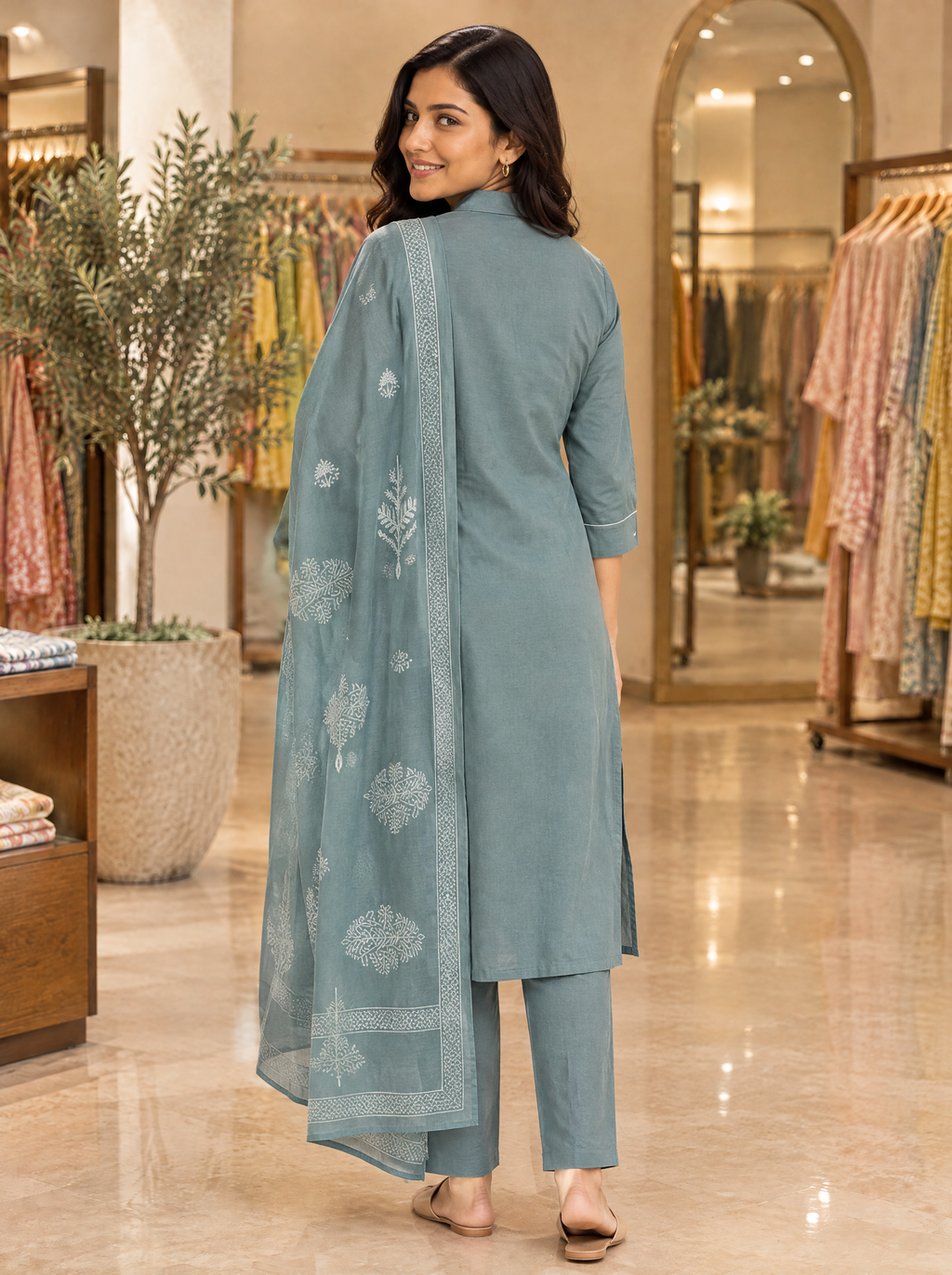 Sage Grey Embroidered Cotton Kurta Set with Dupatta - back