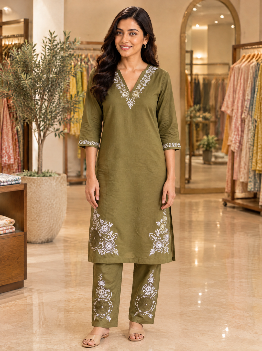 Olive Green Floral Embroidered Cotton Kurta Set - front