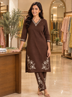 Chocolate Brown Floral Embroidered Cotton Kurta Set - close-up