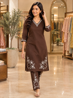 Chocolate Brown Floral Embroidered Cotton Kurta Set - side