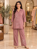Dusty Rose Lily Embroidered Cotton Co-ord Set - front