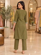 Olive Green Floral Embroidered Cotton Kurta Set - plain back