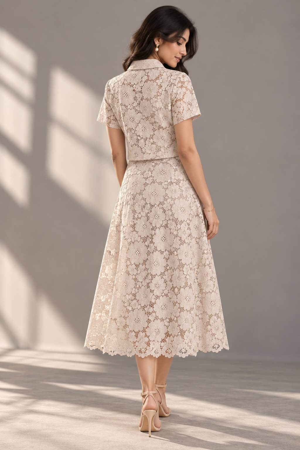 Ivory lace shirt and midi skirt, back view
