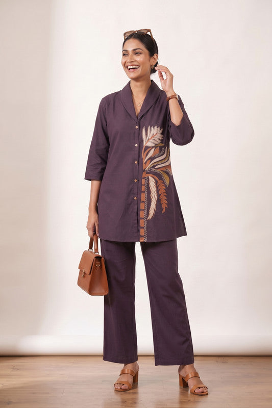 Deep plum botanical embroidered co-ord set