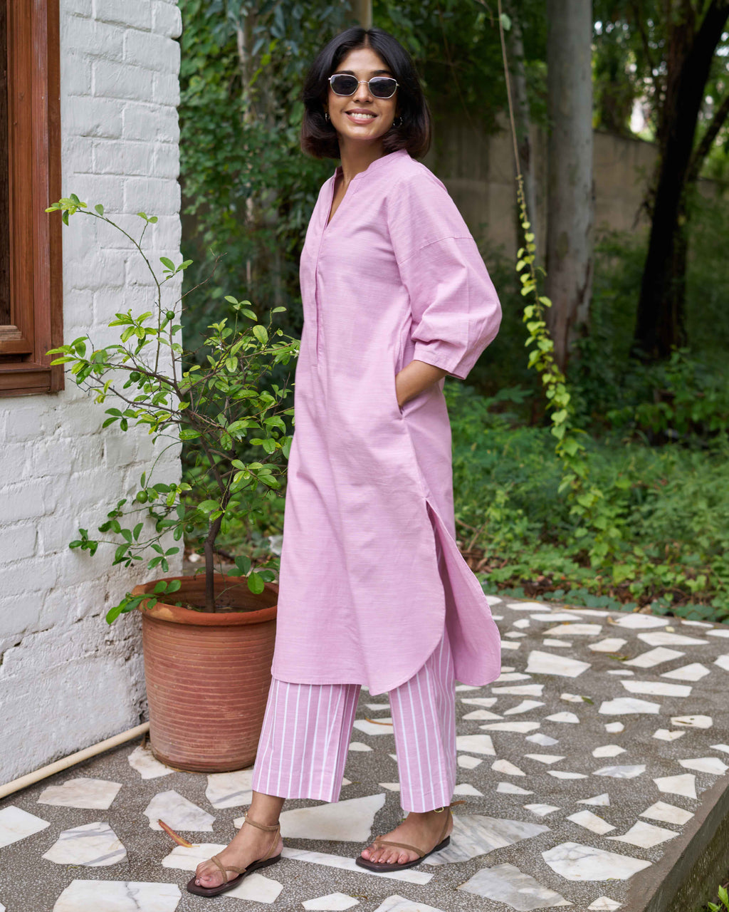 Pink kurta set with striped pants
