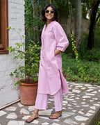 Pink kurta set with striped pants
