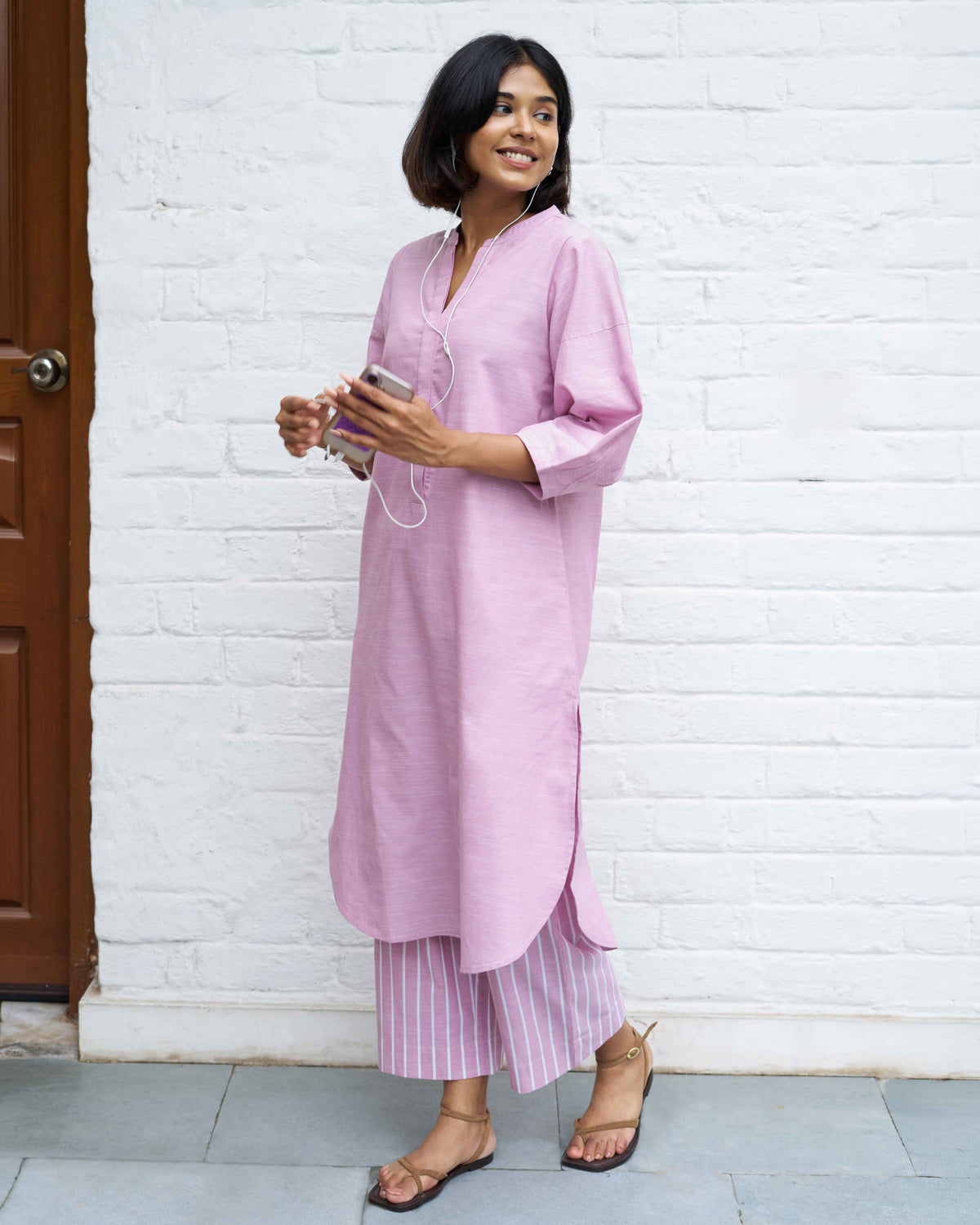 Pink kurta set with striped pants