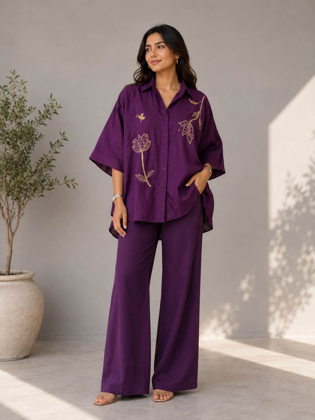 Purple embroidered cotton co-ord set