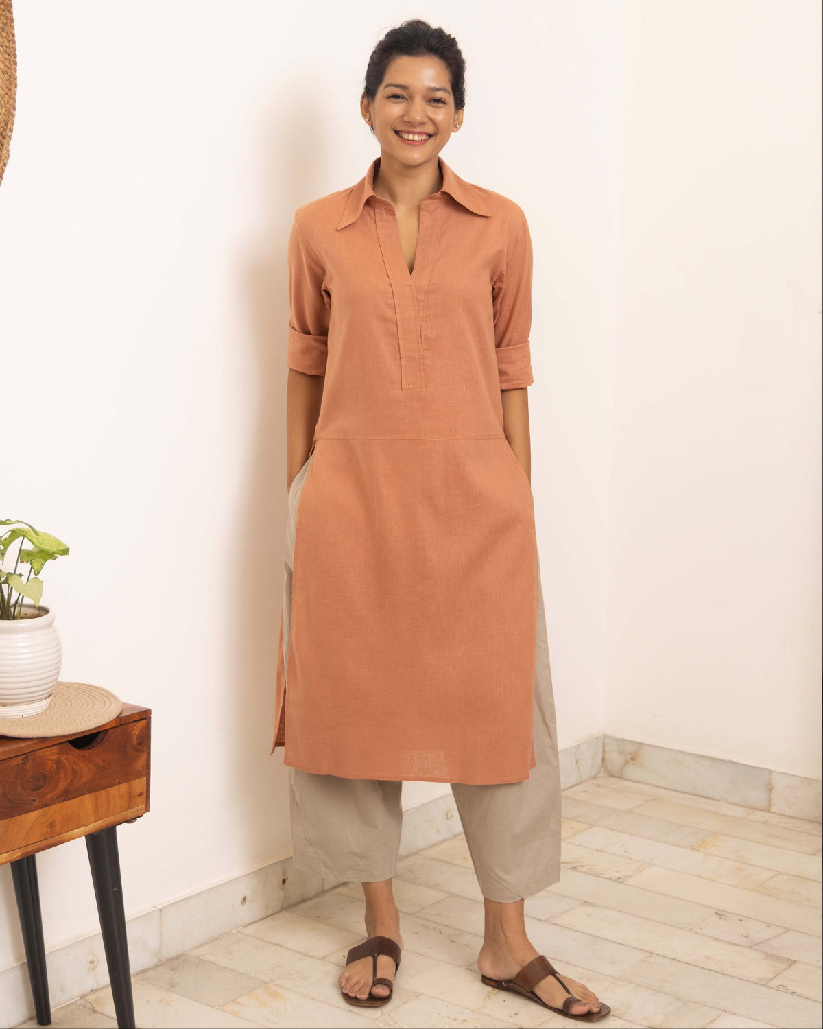 Dusty peach kurta set with beige pants