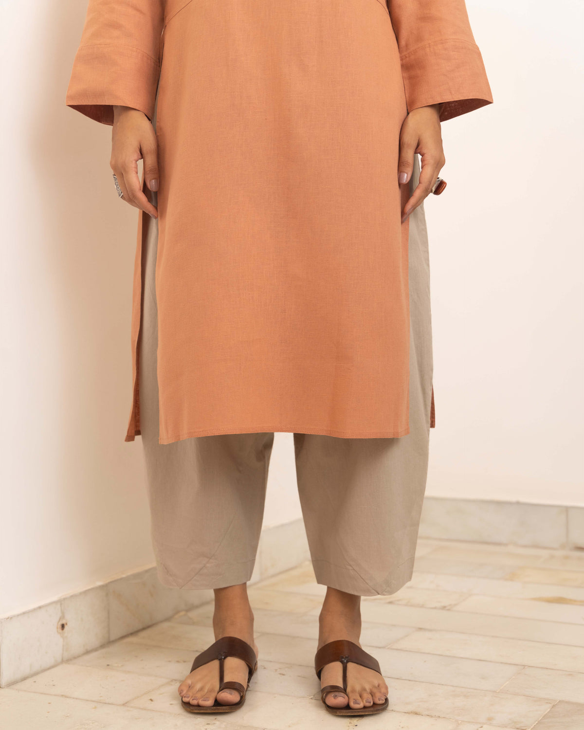Dusty peach kurta set with beige pants