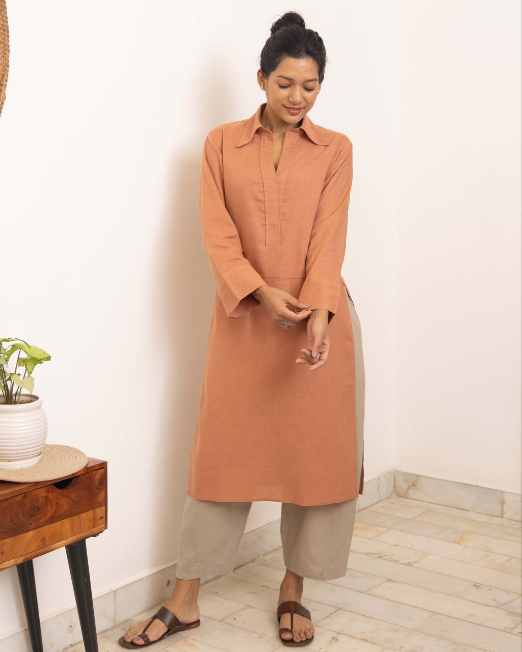 Dusty peach kurta set with beige pants
